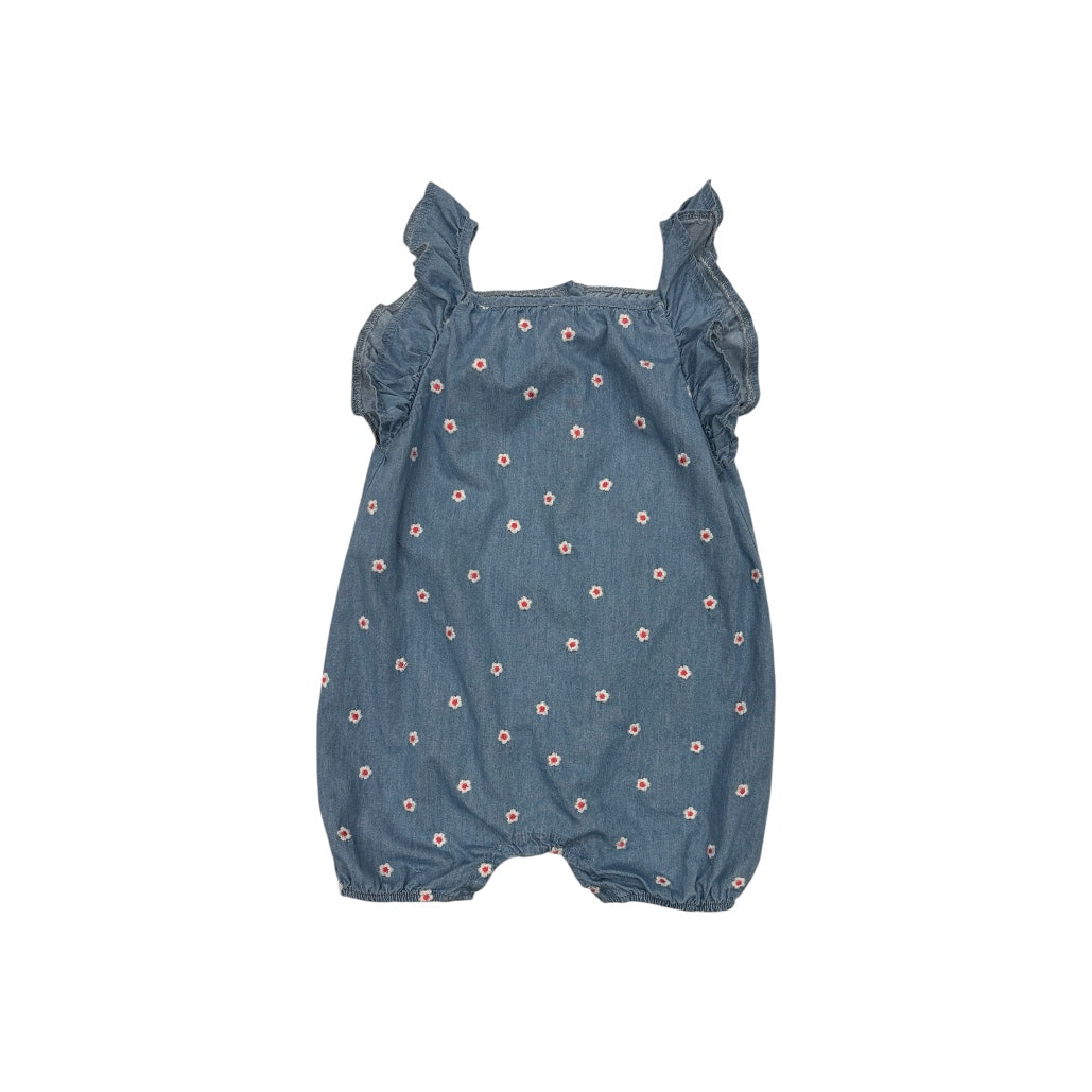 Embroidered Daisy Chambray Ruffle Romper for Baby Girl