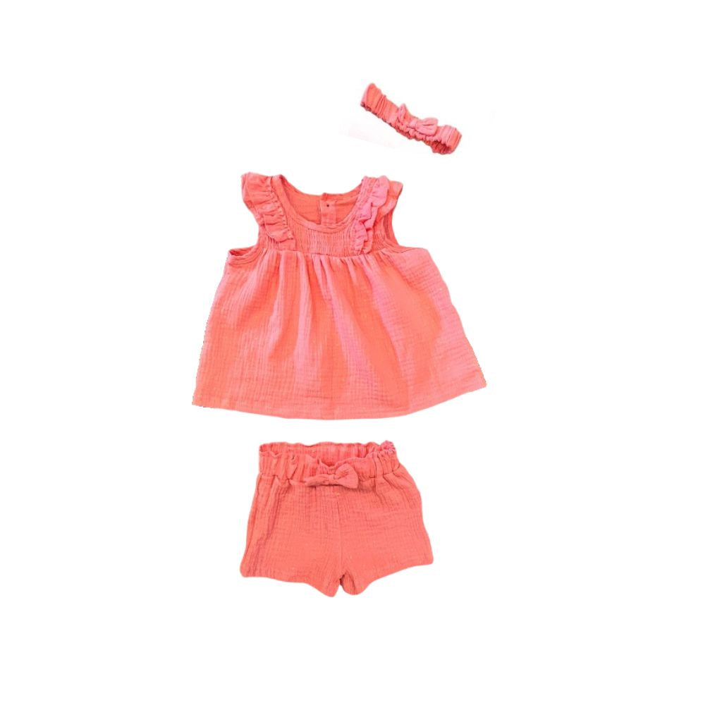 3-Piece Coral Muslin Ruffle Top, Short & Headband set for Baby Girl