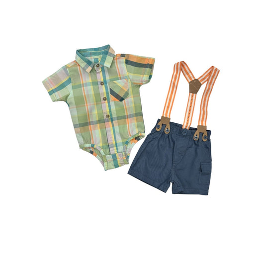 2-Piece Plaid Bodysuit & Navy Cargo Suspender Short Set for Baby Boy