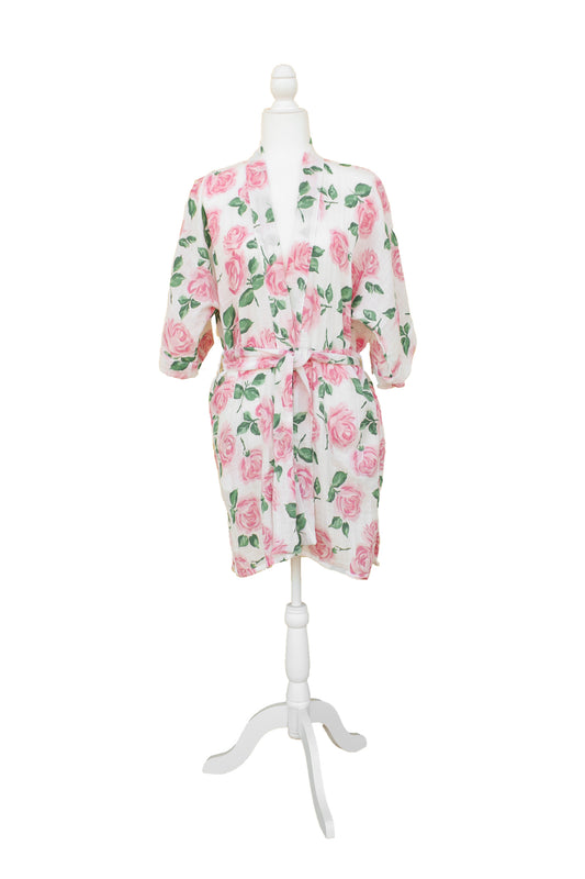 Ladies Kimono Robe in Floral Rose Print